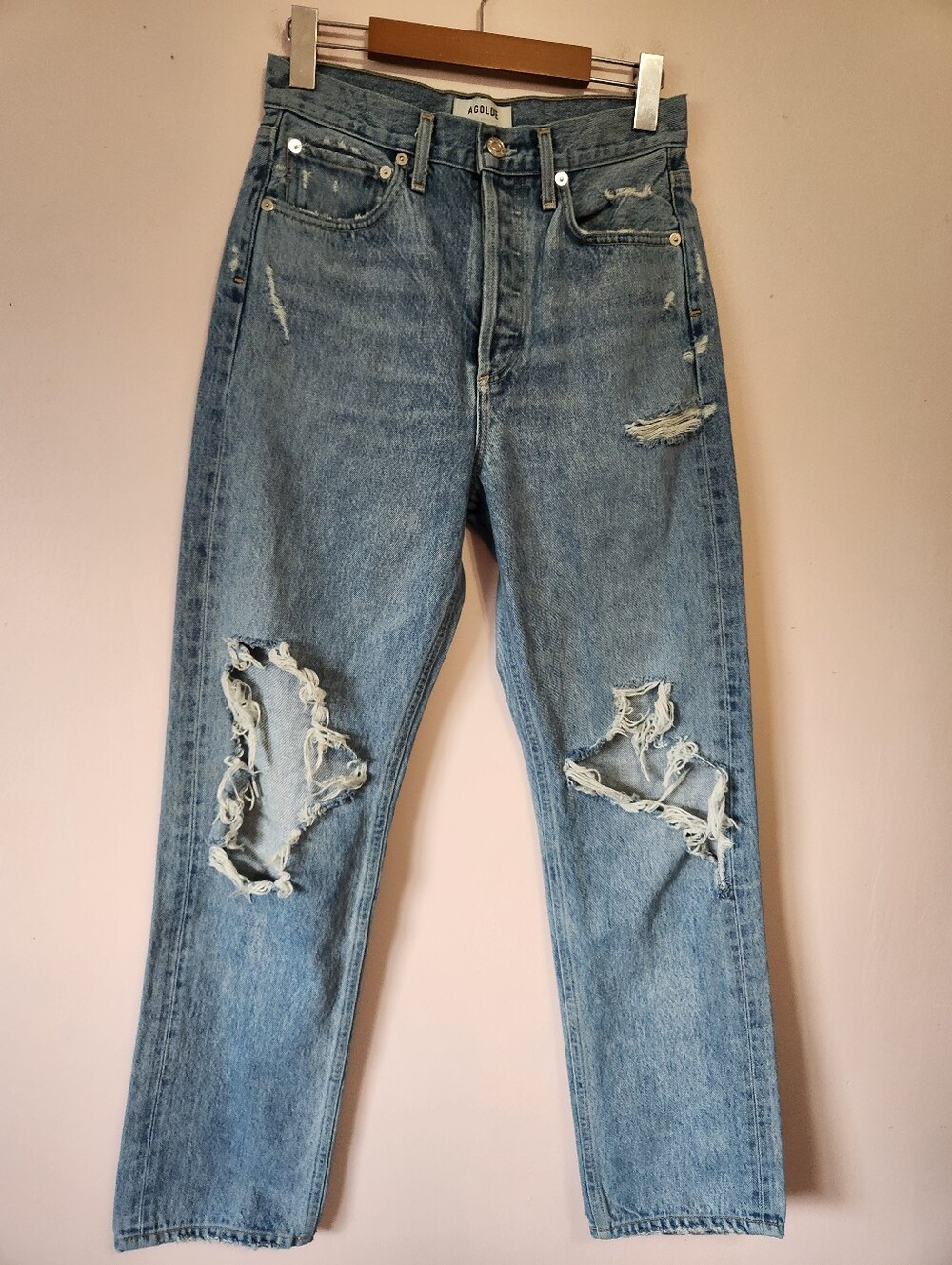 AGOLDE 90s Jean Fall Out Heavy Distressed Straight Leg Denim Blue Size 27 Grunge